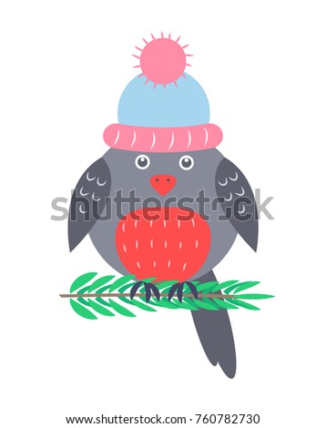 Closeup of bullfinch sitting on branch of pine, and wearing warm homemade hat, image on vector illustration isolated on white background