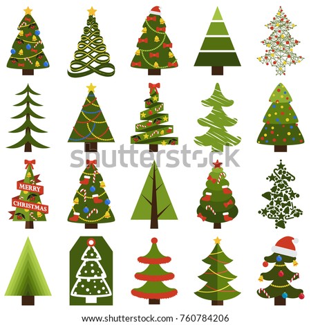 Christmas trees in natural condition and decorated for holiday isolated cartoon flat vector illustrations set on white background.