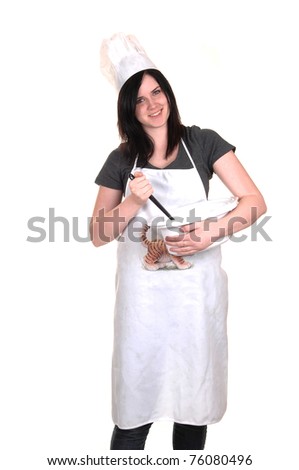 A pretty young woman, holding a cook pot, standing with an apron,  black hair and a cook hat for white background.