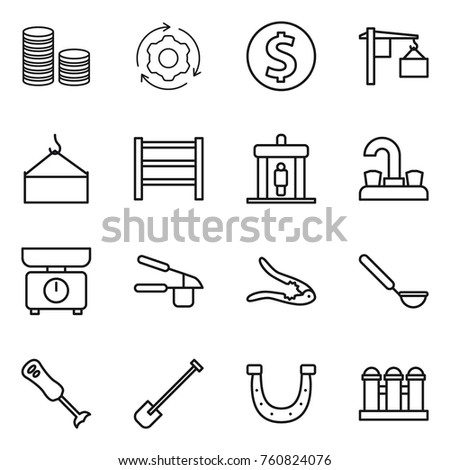 Thin line icon set : coin stack, around gear, dollar, loading, crane, rack, detector, water tap, kitchen scales, garlic clasp, walnut crack, ladle, blender, shovel, horseshoe, grain elevator