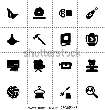 Simple 16 set of single filled icons such as user search, spherical bearing, car key, leaf, hanger, toilet brush, hammer, circular saw, movie camera, video camera, teddy bear