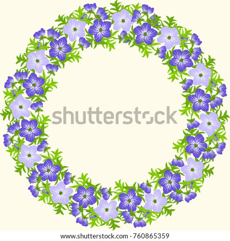 Floral round frame from cute simple flowers of blue ranunculus . Greeting card template. Design artwork for the poster, tee shirt, pillow, home decor. Summer flowers with green leaves.