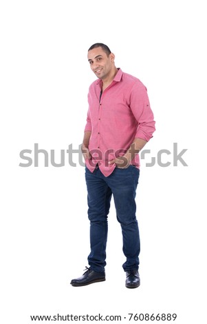Full-length shot of simple display model  with hands in pocket. Isolated on white background.