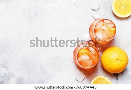 Italian Orange Cocktail With Aperitif, Ice, Sparkling Wine And Orange Slice, Top View