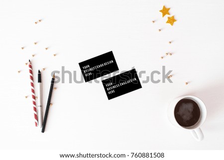 Business card mockup Christmas composition background. wallpaper, pine cones, decoration balls, on white background. Flat lay, top view