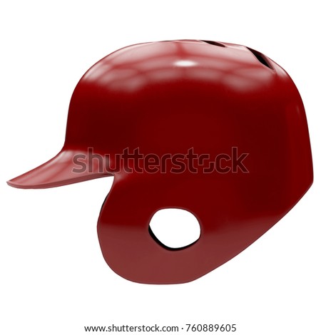 Baseball batting helmet with one ear protect. Red color and Side view. Sport equipment. 3D illustration. Isolated on white background.
