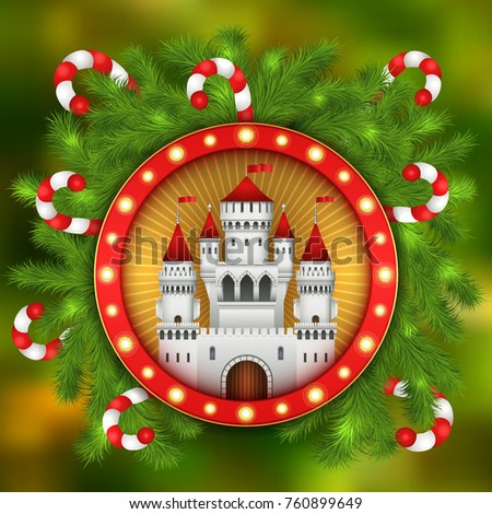 Christmas card with white castle, fireworks, candy sticks and branches of Christmas tree. Christmas illustration with celebratory elements. White medieval castle with red roof and red flags on spiers