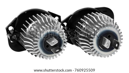 Light bulbs for car lamps. Car led for halo rings and angel eyes lighting effect. Automotive part in Silvery metallic and black color with wires and connecting elements on isolated white background.