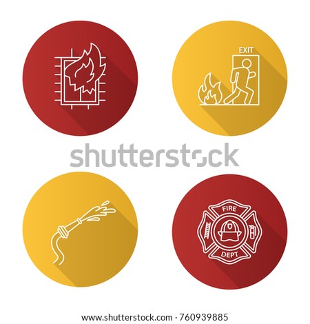 Firefighting flat linear long shadow icons set. House on fire, firefighter's badge, garden hose, emergency exit. Vector outline illustration