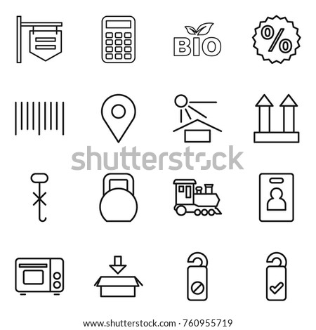 Thin line icon set : shop signboard, calculator, bio, percent, bar code, geo pin, sun potection, cargo top sign, do not hook, heavy, train, identity card, grill oven, package, distrub, please clean