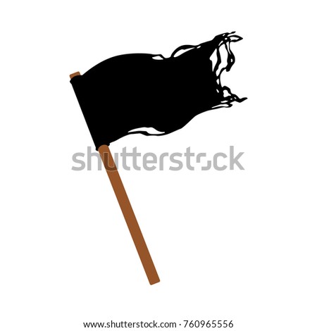 vector flat ragged black flag on wooden flagpole icon .isolated illustration on a white background. Jolly roger flag, pirates adventure , treasure risk and death symbol