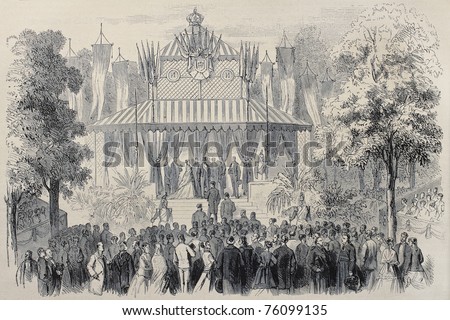 Antique illustration of prize giving ceremony to contest winners during Orleans feast, France. Created by Pauquet, published on L'Illustration, Journal Universel, Paris, 1868