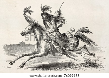Old illustration of a Sioux native American scout riding. Created by Lancelot, published on Le Tour du Monde, Paris, 1864