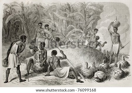 Old illustration of African indigenous drinking millet beer. Created by Bayard and Huyot, published on Le Tour du Monde, Paris, 1864