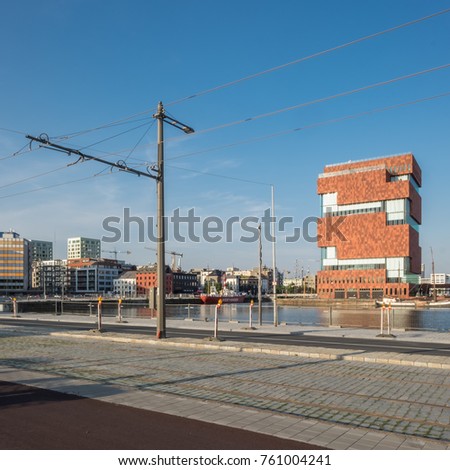 View on new tramline in front of MAS Museum, Wednesday 14 June 2017, Antwerp, Belgium. Royalty-Free Stock Photo #761004241