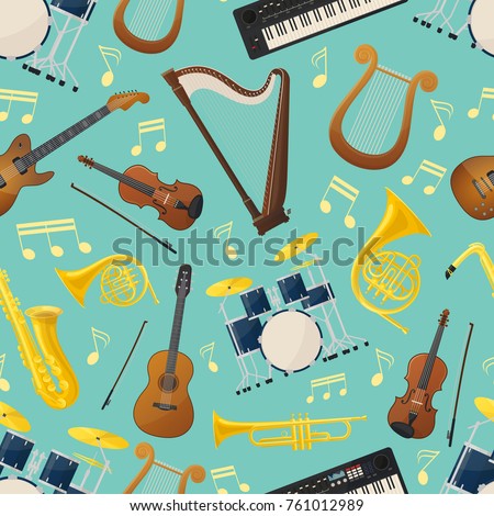 Seamless pattern made of different music instruments for sound or audio wrapper. Trumpet and drum kit or trap set, violin and lyre, saxophone or sax, guitar. Ensemble, performance, record studio theme