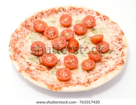 pizza four cheeses with cherry tomatoes close up isolated