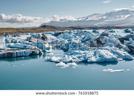 Beautiful vibrant picture of icelandic glacier and glacier lagoon with water and ice in cold blue tones, Iceland, Glacier Bay, icebergs in the water