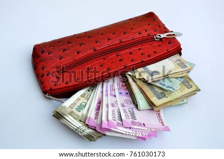 Different type of Indian currency into the red  wallet putting on white background