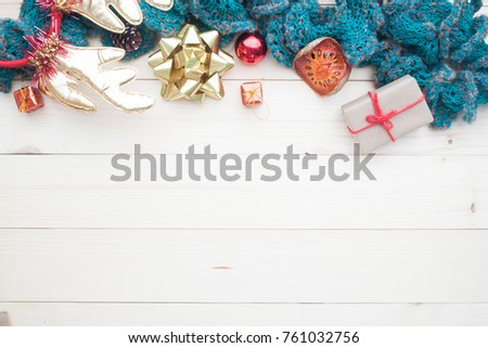 Christmas background, ornaments gift boxes, accessories on wooden background, Composition for card, Top view
