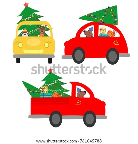 Set of isolated cars carrying a Christmas tree. The machine gives a Christmas tree to decorate the house. Colorful vector illustration for the winter holidays. 