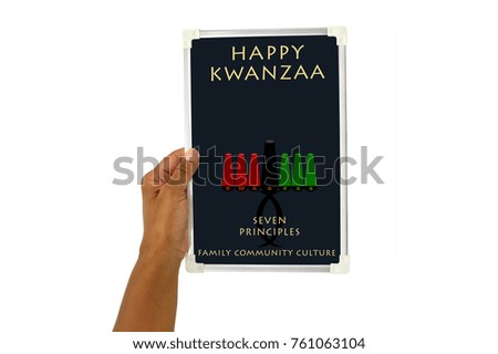 Happy Kwanzaa (Seven Principles) Family Community Culture blackboard sign in hand white background