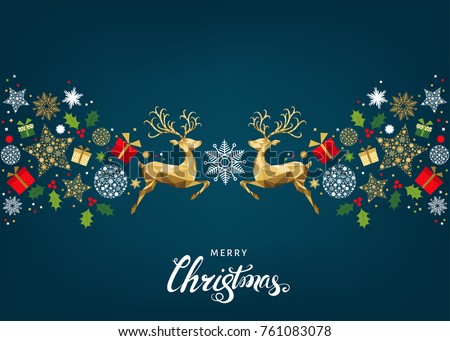 Christmas pattern with lettering and gold Xmas deer and  snowflakes.  Tree decoration. Happy New Year blue background.  Vector colorful  template  for greeting  card.