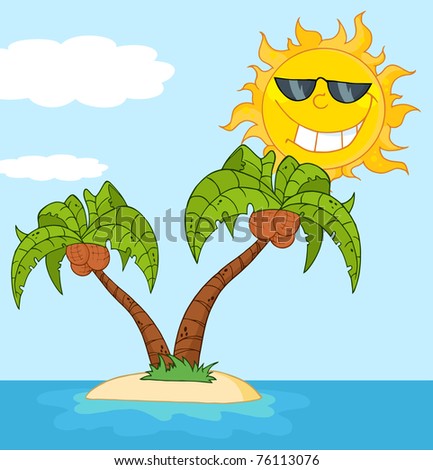 Island With Two Palm Tree And Cartoon Sun