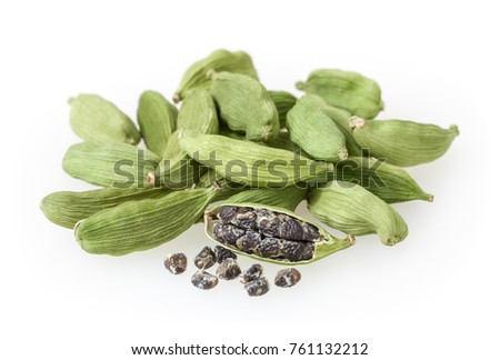 Green cardamon pods isolated on white background Royalty-Free Stock Photo #761132212