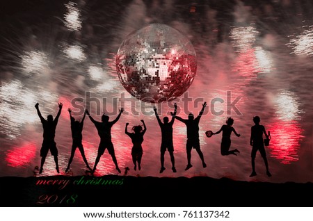 Silhouette of friends jumping celebrate the new year. 2018 new year