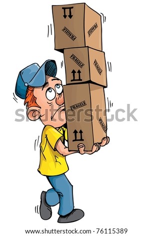 Cartoon delivery man carrying a stack of boxes. Isolated on white