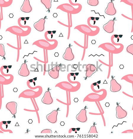Graphic seamless pattern with cute flamingos and pear in vector. Bright illustration of nature, animal planet, exotic birds, wildlife. Vector seamless pattern with flamingos
