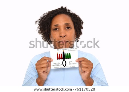 Woman holding Happy Kwanzaa 2nd Principle (Self Determination / Kujichagulia) white background