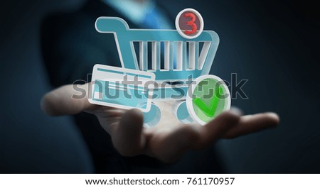 Businessman on blurred background using digital shopping icons 3D rendering