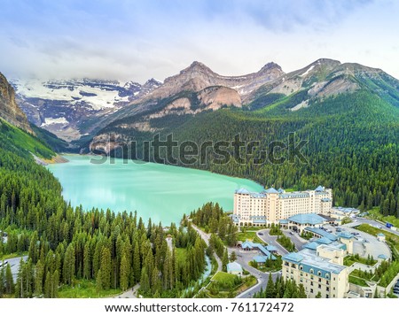 Turquoise Louise Lake in Rockies Mountains, Banff National Park, Alberta, Canada Royalty-Free Stock Photo #761172472