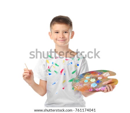 Cute little boy with palette and brush for painting, on white background Royalty-Free Stock Photo #761174041