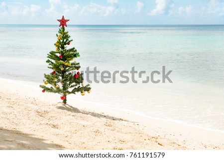 Christmas tree with star on top and baubles standing by a sunny beach Royalty-Free Stock Photo #761191579
