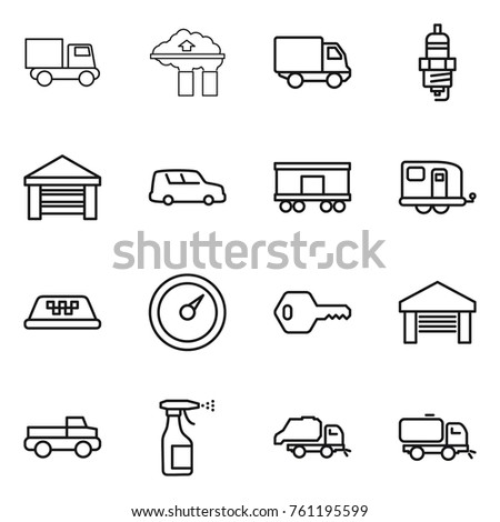 Thin line icon set : truck, factory filter, delivery, spark plug, garage, car shipping, railroad, trailer, taxi, barometer, key, pickup, sprayer, trash, sweeper