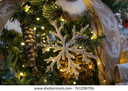 Close up shot of a christmas tree with beautiful decoration with colorful ball and led light