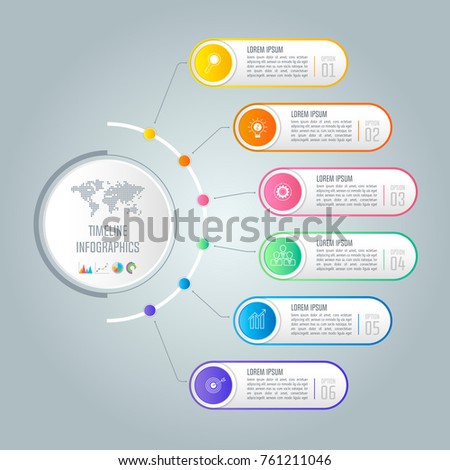 Creative concept for infographic with 6 options, parts or processes. Timeline infographic business design and marketing icons for presentation, annual report, diagram, workflow layout and web design.
