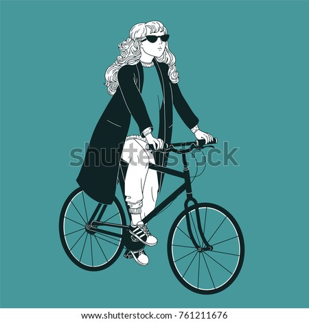 Young long-haired woman wearing sunglasses, coat and sneakers riding bike. Girl dressed in fashionable clothes on bicycle drawn with black contour lines on green background. Vector illustration.
