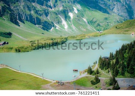 blue mountain, valley with lakes and trees in nature