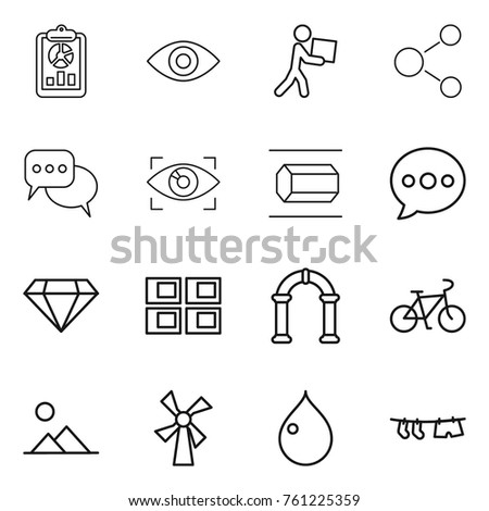 Thin line icon set : report, eye, courier, molecule, discussion, identity, nano tube, balloon, diamond, panel house, arch, bike, landscape, windmill, drop, drying clothe