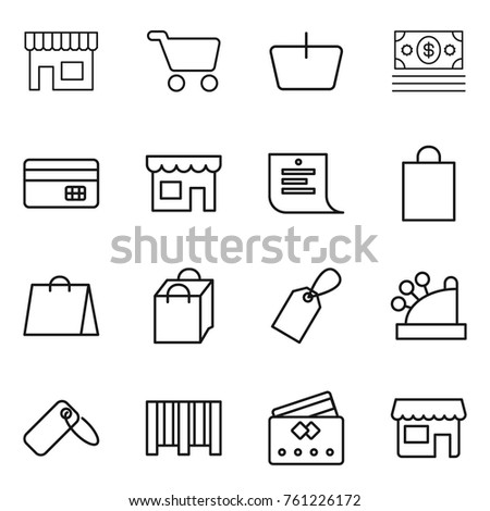 Thin line icon set : shop, cart, basket, money, credit card, shopping list, bag, label, cashbox, bar code