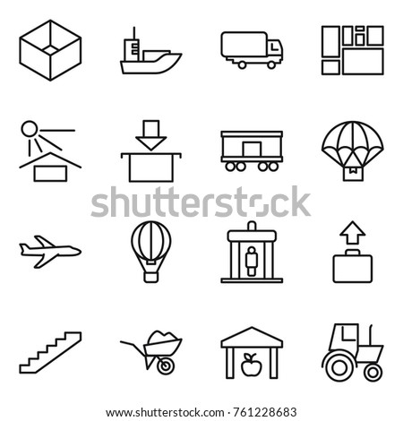 Thin line icon set : box, sea shipping, consolidated cargo, sun potection, package, railroad, parachute delivery, plane, air ballon, detector, baggage, stairs, wheelbarrow, warehouse, tractor