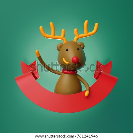 3d render, cute Christmas deer character, cartoon Reindeer, red ribbon, greeting card template, copy space, blank banner, green background