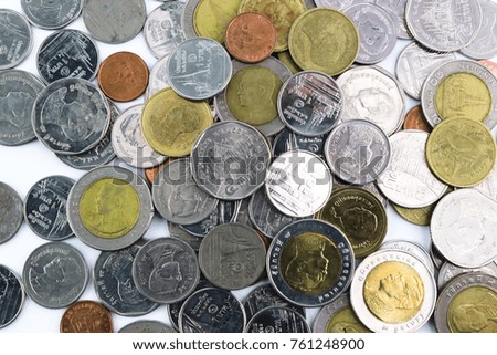 Diffuse of Thailand coins on white background isolated
