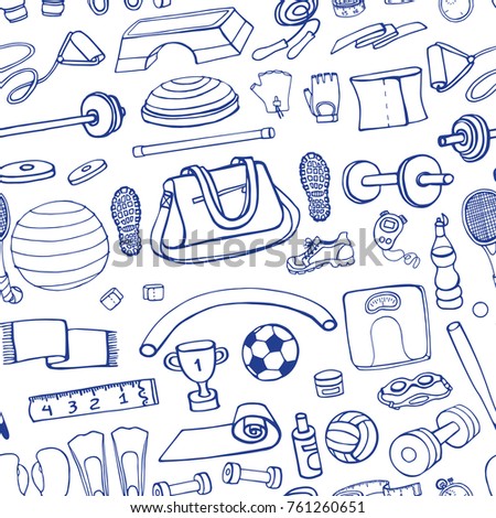 Sport equipment.Hand drawn doodles pattern background.Vector illustration. Fitness and sport sign and symbol elements. Healty kit