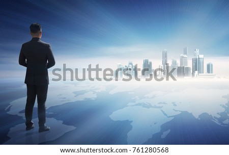 Businessman on city skyline background with map - International 