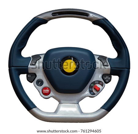 Leather sport steering wheel with red button and different selectors on isolated on a white background